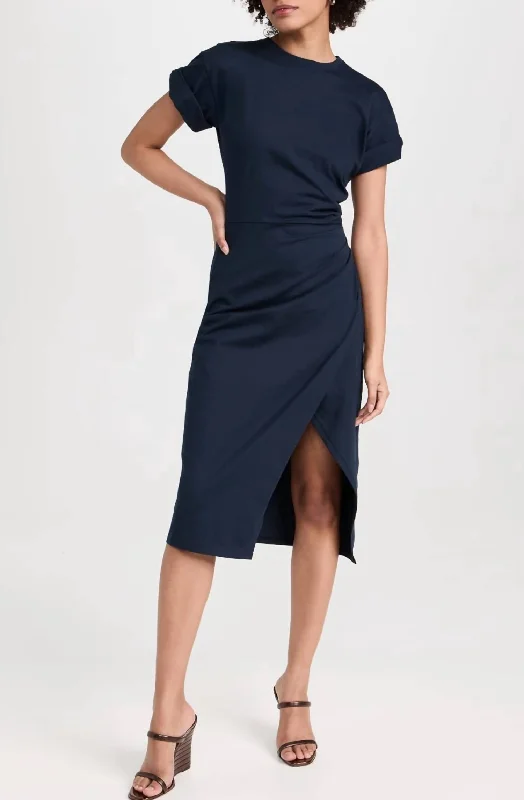 Step Ahead, Lead The Trend Faux Wrap Midi Dress In Navy Feminine Soft - Hued Styles