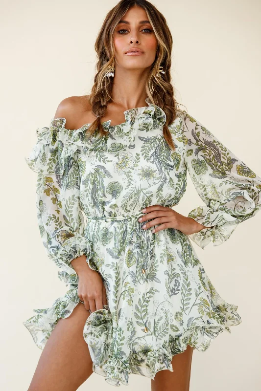 Limited Styles Rhiannon Off-Shoulder Lettuce Frill Dress Floral Print White Mid - Season Sale