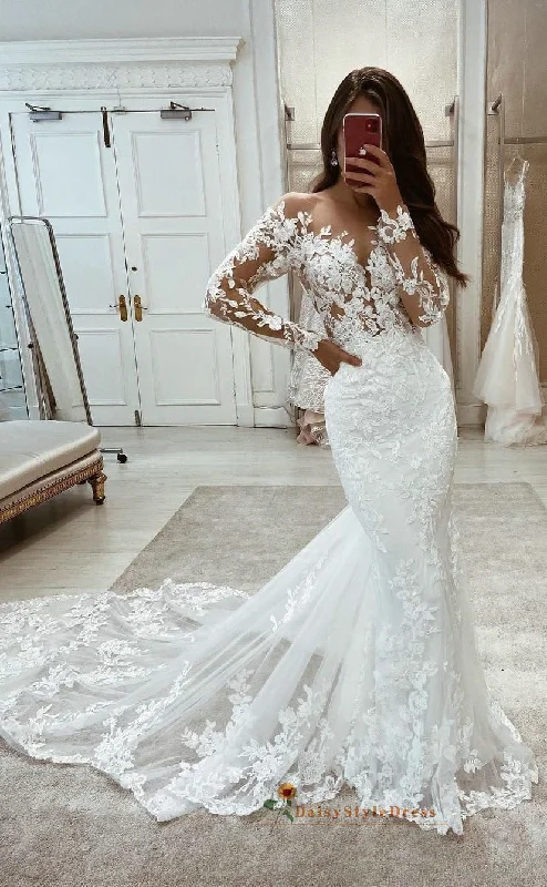 Flash Sale Sexy Sheer Lace Fit and Flare Long Sleeve Wedding Dress Y2K Nostalgic Fashion Look