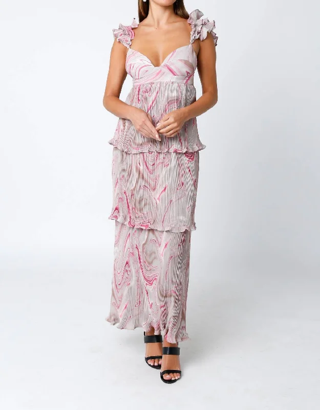 Laid-Back Fashion Offers Ruffled Maxi Dress In Fuschia Taupe Luxe Layering