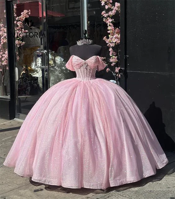Ride The Style Wave Glitter Off The Shoulder Pink Tulle Beaded Ball Gown Quinceanera Dress  Y7462 Refined Look