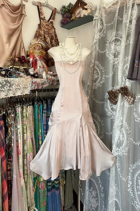 Seasonal Picks Light Pink Strapless A-Line Satin Midi Length Vintage Party Dress, D335 Disco - Inspired Retro Dance Look