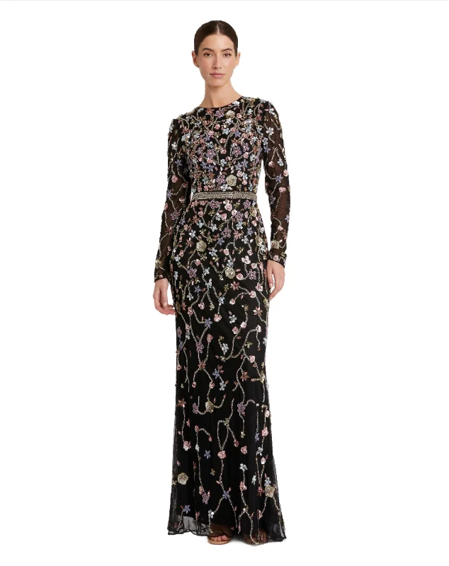 Fashion Deal Mac Duggal 6135 Long Sleeve Beaded Formal Dress Vintage Elegance