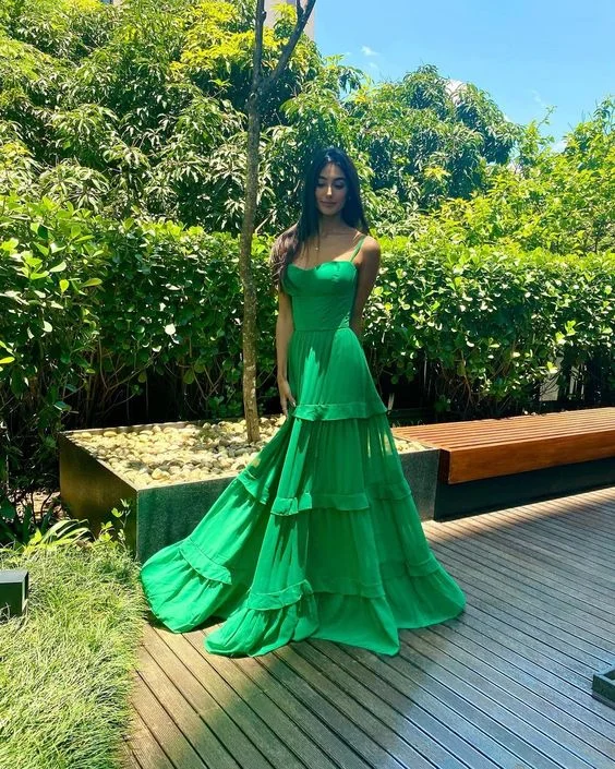 Relaxed Style New Green Spaghetti Straps Long Prom Dress With Layers, Formal Gown Y4713 Weekend Special