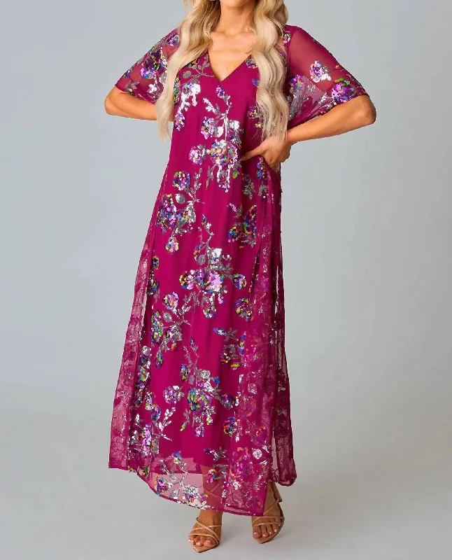 Catch Every Fashion Trend Atlas Sequin Caftan Maxi Dress In Red Sangria Classic Timeless Elegant Style