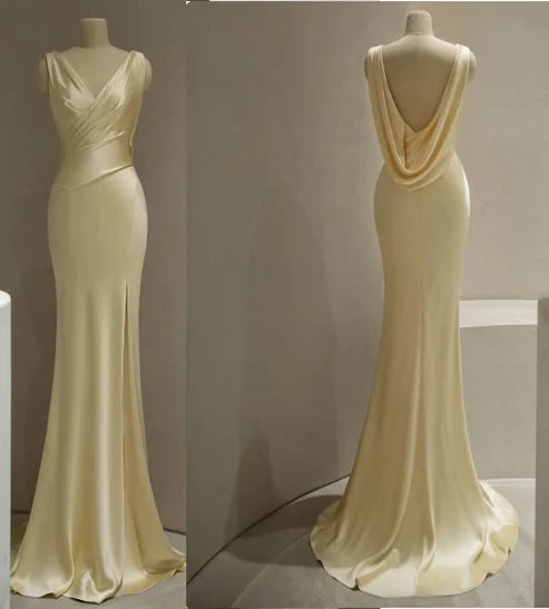 Timeless Elegance Redefined Pastel Yellow Satin Backless Mermaid Long Prom Dress, MD7993 Elegant Contour