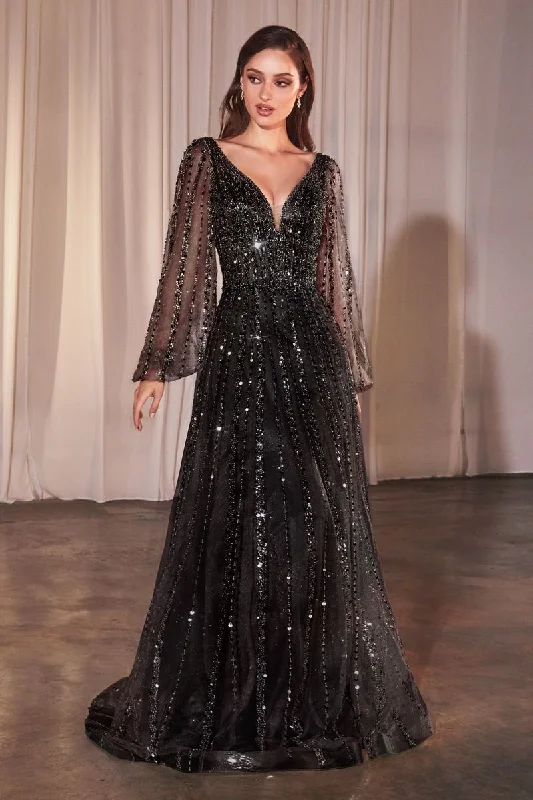 Chic Style, Always In Vogue Cinderella Divine CD0240 Long Sleeve Beaded A Line Formal Dress Limited - Stock