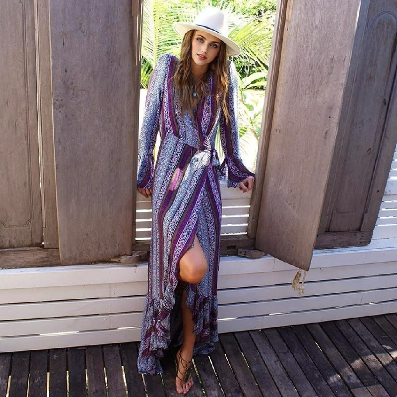 Women's Casual Attire Laid-Back Elegance JuliaFashion-Free Spirit V-Neck Long Sleeve Maxi Dress Women's Casual Attire Laid-Back Elegance JuliaFashion-Free Spirit V-Neck Long Sleeve Maxi Dress
