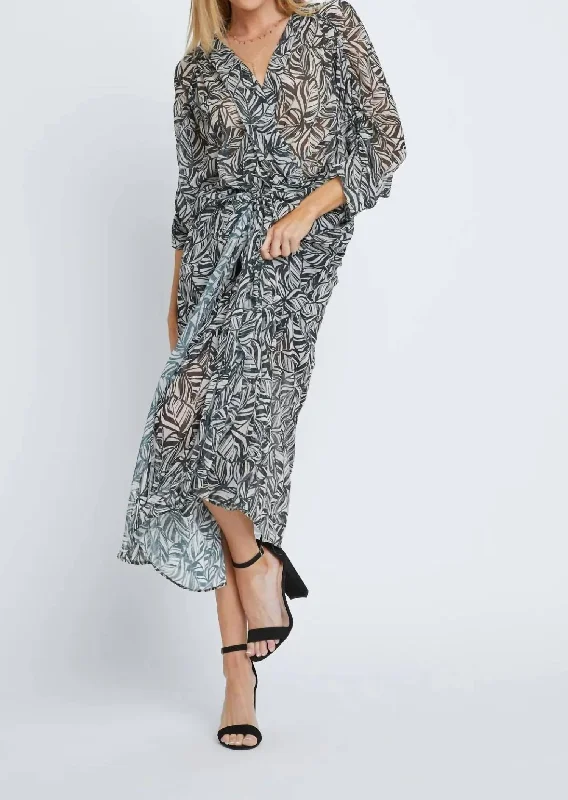Evening Elegance Sanctuary Midi Dress In Black/white Palm Art Deco Geometric Pattern Look