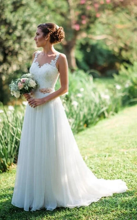 Enjoy Discount Casual A-line Pleated Chiffon Wedding Dress with Lace Top Soft Textures