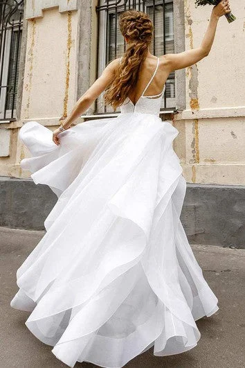 Relaxed Style Deals Flowy Spaghetti Layered Wedding Dress With Lace Top Artful Design