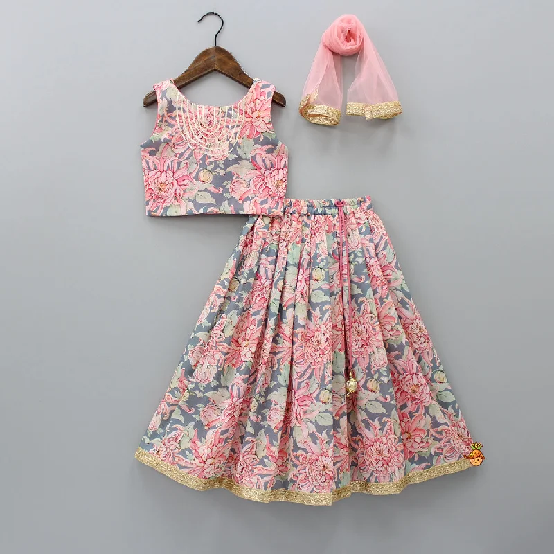 Casual Fashion Linen Floral Grey And Peach Top With Pleated Lehenga And Matching Net Lace Work Dupatta Lightweight Fabric