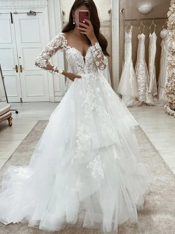 Fresh Styles, Fresh Deals Long Sleeve Ruffle Skirt White Wedding Dress Contemporary Chic
