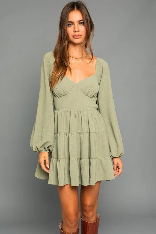 Unleash Your Style Long Sleeve Tiered Open Back Dress Feminine Soft - Hued Styles