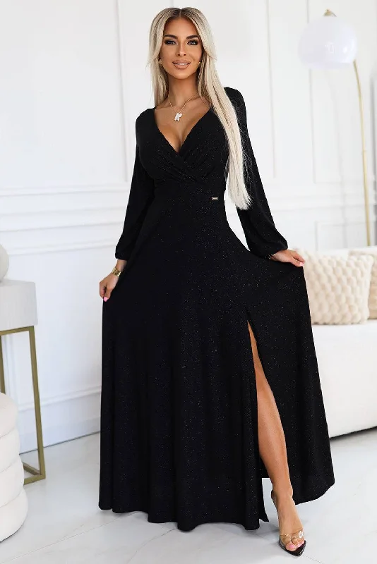 Women's Clothing Daily Essentials Numoco 572-2 NELA shiny long gown with neckline and long sleeves - black Women's Clothing Daily Essentials Numoco 572-2 NELA shiny long gown with neckline and long sleeves - black