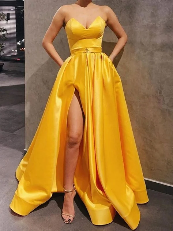 Fashion Forward Sweetheart Neck Strapless Yellow Satin Long Prom Dresses, Yellow Satin Long Formal Graduation Evening Dresses Fashion-Forward Style