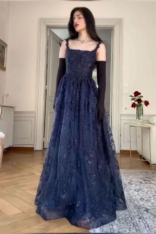 Bold Style Discounts Navy Blue A Line Lace Appliques Prom Dress Elegant   Evening Gown Y7830 Refined Simplicity