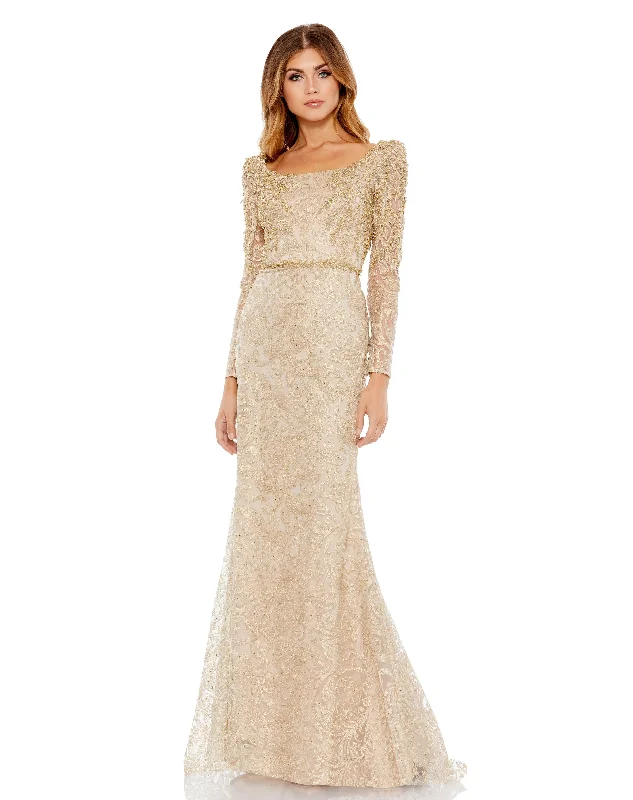 Easy Elegance Sales Light Gold 10 Mac Duggal 11187 Long Sleeve Formal Dress Sale Charming Silhouette