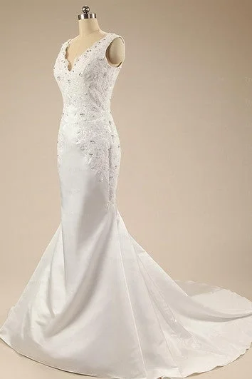 Massive Savings Mermaid Long V-Neck Beading Backless Lace Satin Dress Minimalist Chic