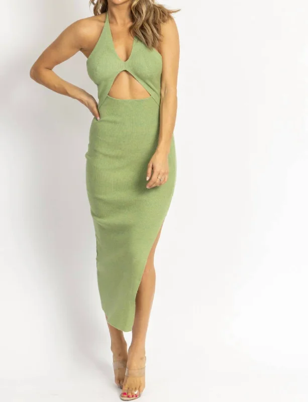 Hot Deals Knit Halter Keyhole Midi Dress In Green Chic Allure