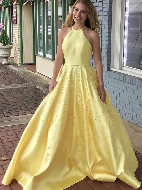 Casual Chic A Line Yellow Satin Beaded Long Prom Dresses, Yellow Formal Graduation Evening Dresses Elegant Contour