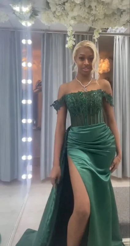 Limited Time Deal Green Off Shoulder Sheath Satin Black Girl Long Prom Dress, MD7938 Boho - Chic Festival - Ready Style