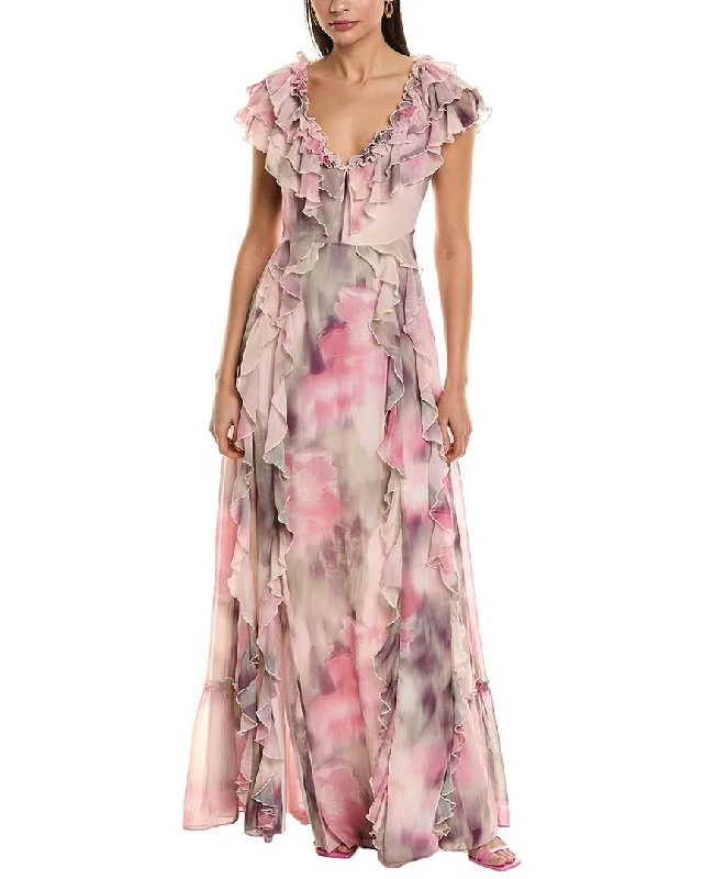 Limited Time Offer Ted Baker Frilled V-Neck Maxi Dress Polished Finish
