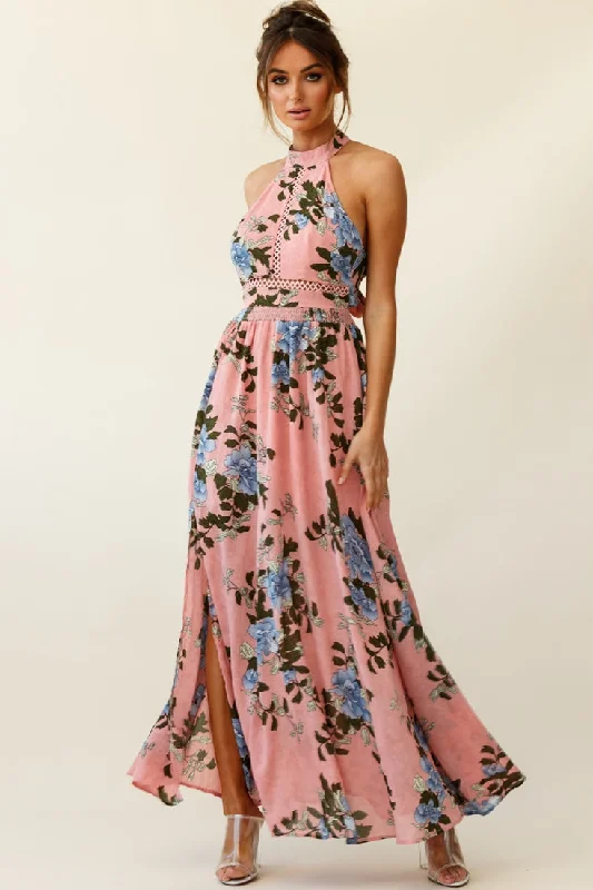 Unleash Your Trend Driven Style Baylor Floral Halterneck Maxi Dress Pink Vibrant Prints