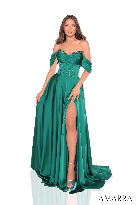 The Good Stuff Satin Off Shoulder A-line Slit Gown by Amarra 88367 Urban Sophistication