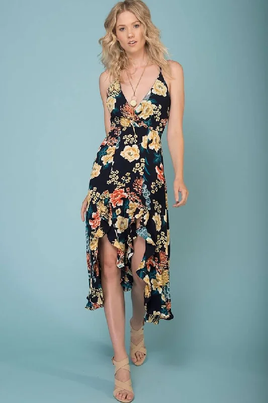 Exclusive Discounts Adalynn Hi Low Deep V Floral Midi Dress Navy Lightweight Fabric