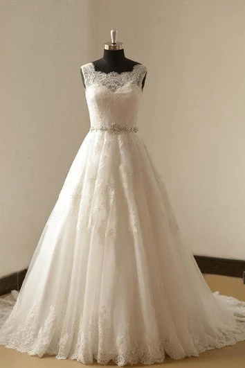Clearance Event Lace A-Line Sleeveless Gown With Scalloped Bateau Neck and Beaded Waist Refined Look