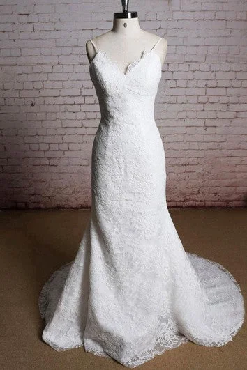 Catch Every Fashion Trend V-Neck Mermaid Lace Bridal Dress With Spaghetti Straps Tropical Island - Inspired Attire