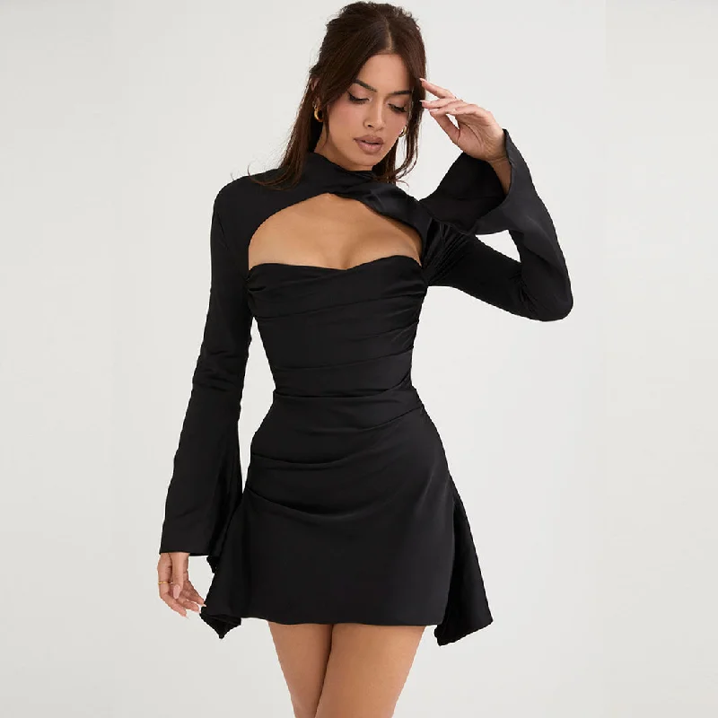 Inspired By You, Designed For You Long Sleeve Draped Satin Mini Dress - Black Coastal Beach - Inspired Style