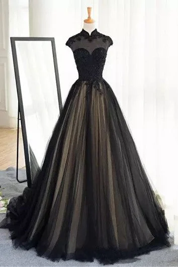 Ends Soon A-Line Lace Tulle High Neck Short Sleeve Floor-length Court Train Wedding Dress with Appliques and Pleats Romantic Date - Night Ensemble