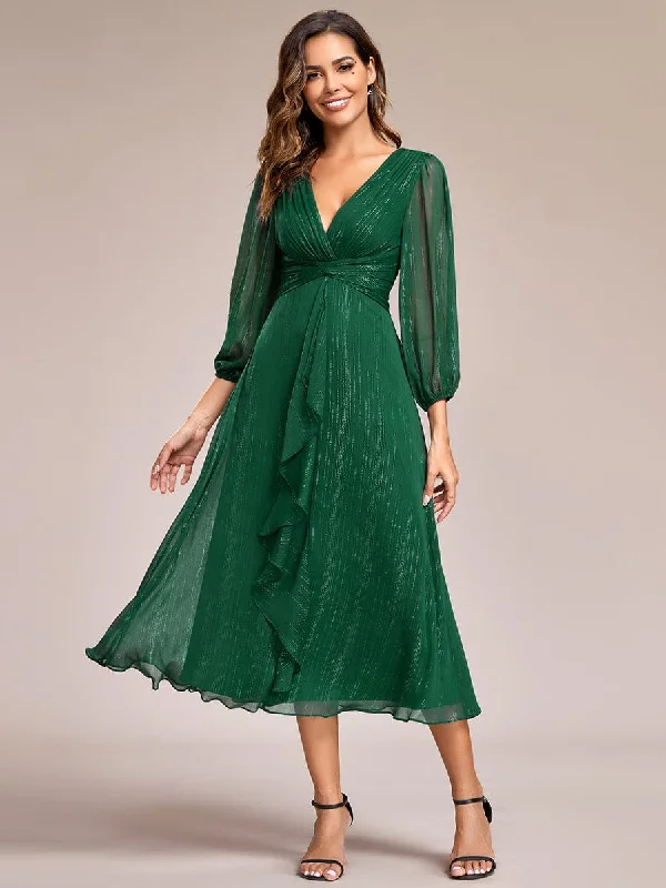 Cozy Chic Promotions Custom Size See-Through Long Sleeve Twist Knot A-Line Lotus Leaf Shimmering Evening Dress Sleek Design