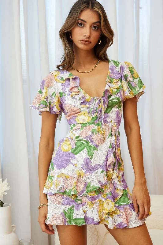 Street Style Discounts Kalina Ruffle Neckline Flutter Sleeve Mini Dress Floral Print Purple Playful Elegance