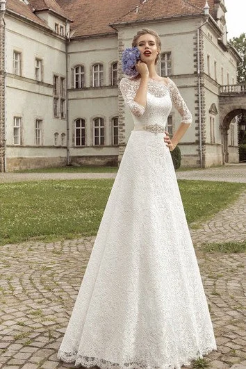 Modish Fashion Discounts Scalloped Neckline Half Sleeve Floor-length A-line Lace-up Dress With Crystal Detailing Sleek Design