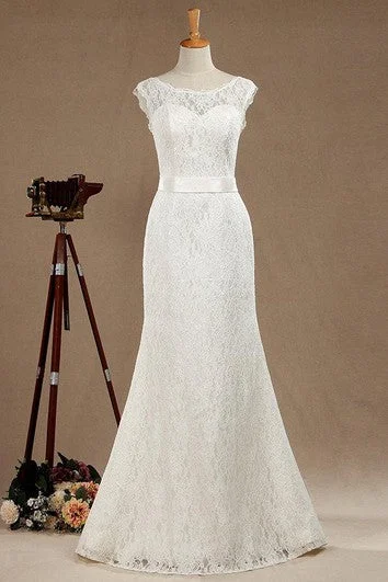 Mega Sale Mermaid Scoop Neck Cap Sleeve Lace Dress With Satin Sash Feminine Soft - Hued Styles
