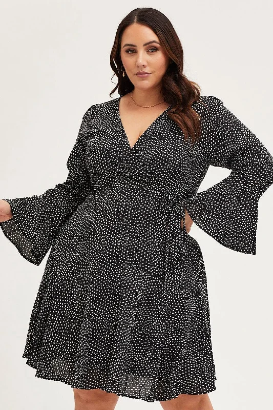 Style Breakthroughs Geo Print Skater Dress V-neck Long Sleeve Limited - Time Bundle