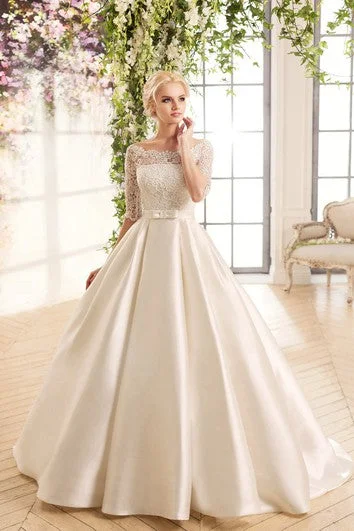 Trendy Looks On Sale Ball Gown Long Bateau Half-Sleeve Illusion Satin Dress With Lace Big Savings On Minimalist Office Styles