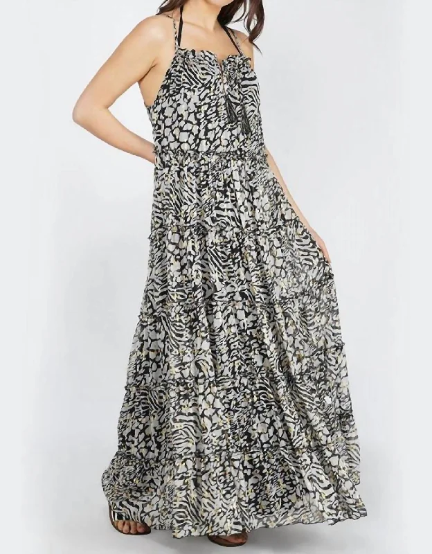 Summer Fashion Always Animal Tiered Maxi Dress In Black & White Alluring Design
