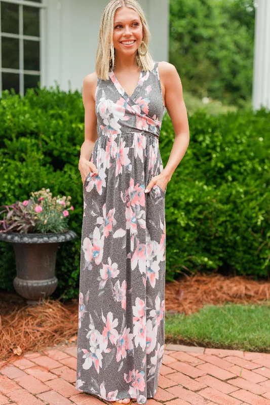 Buy More, Save More What A Lovely Life Charcoal Gray Floral Sleeveless Maxi Dress Romantic Detailing