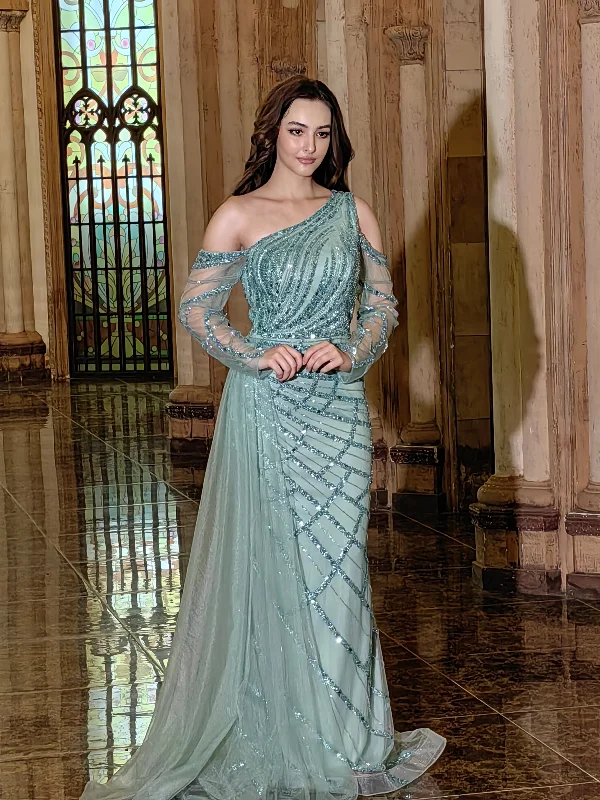 Trendy Pulse Long Couture Long Sleeve Hand Beaded Formal Dress Sage Coastal Beach - Inspired Style