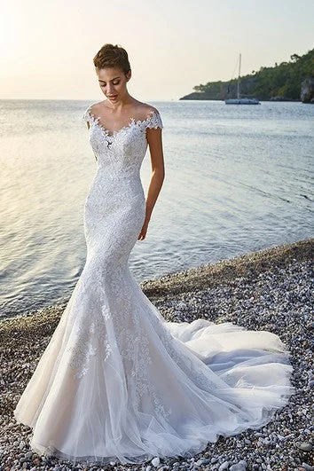 End Of Season Sale Trumpet Floor-Length V-Neck Cap-Sleeve Lace&Tulle Wedding Dress With Appliques Effortless Comfort