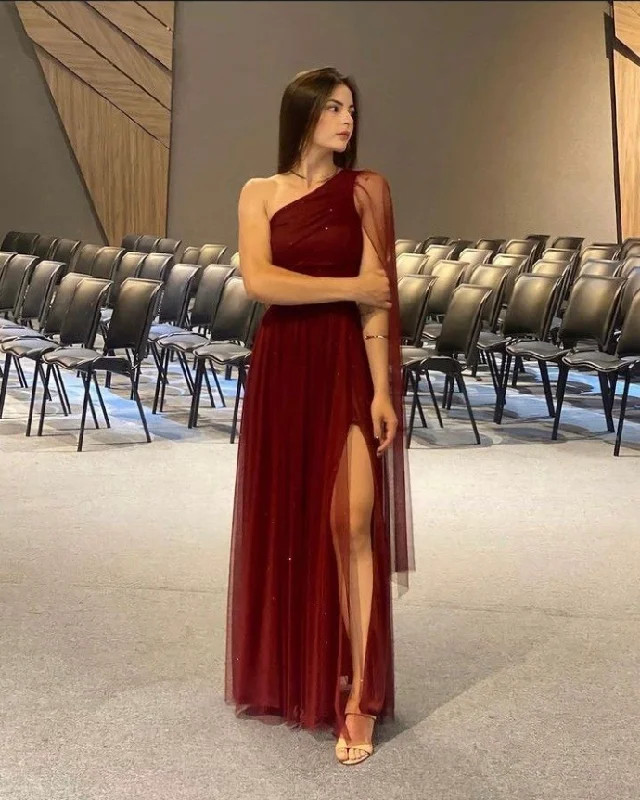 Edgy Fashion Deals Pretty Burgundy One Shoulder Tulle Sequins Evening Gown Slit Prom Dress Y7826 Subtle Sophistication