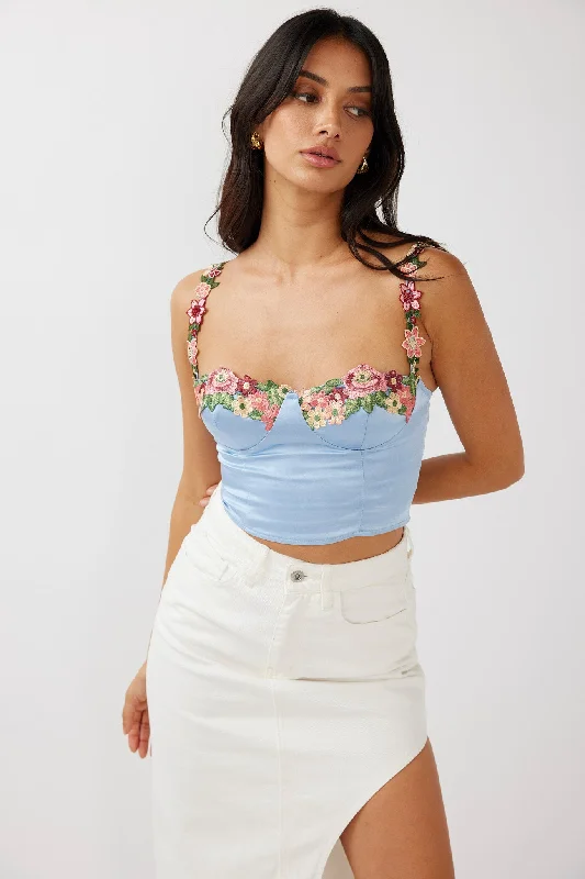 Style Redefined Rose Garden Floral Applique Crop Top Blue Alluring Design