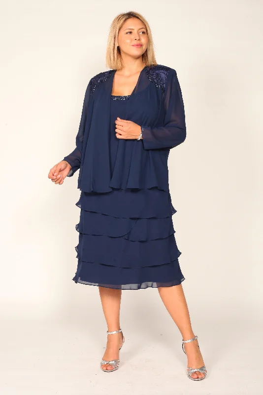 Chic Style, Always In Vogue SL Fashions 622372 Short Navy Mother of the Bride Dress Exquisite Craftsmanship