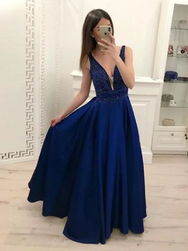 Premium Fashion A Line V Neck Navy Blue Satin Long Prom Dresses with Beads, Navy Blue Formal Dresses Graduation Dresses, Evening Dresses Ethnic Cultural Event Wear