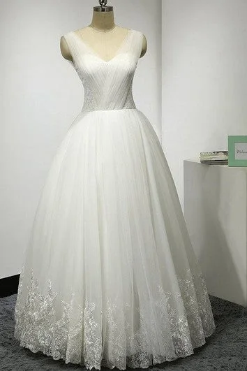 Huge Discounts This Week Sleeveless V-Neck A-Line Tulle Gown With Lace Hemline and Pleats Sophisticated Cut
