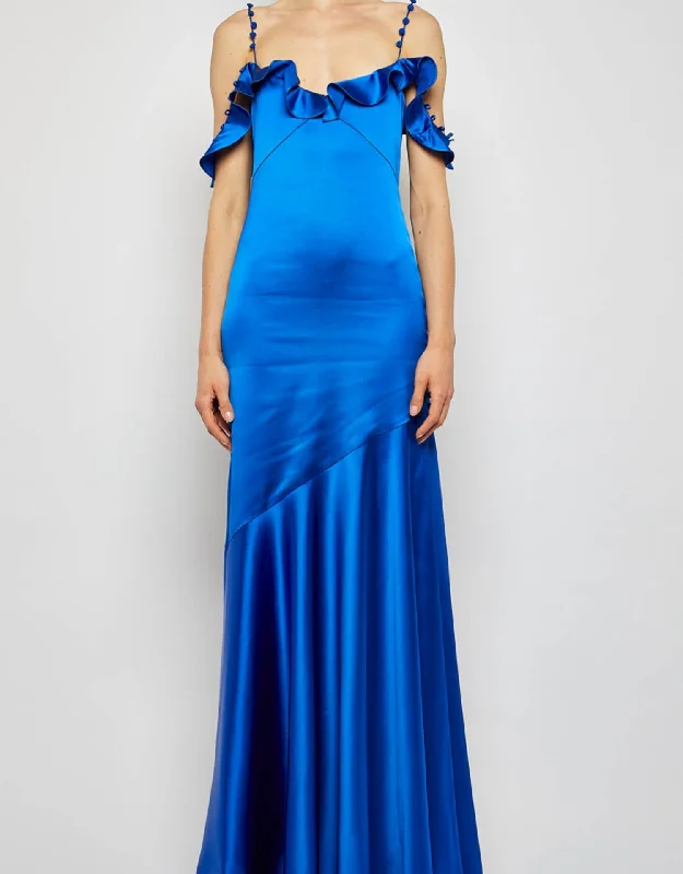 Seasonal Trends Ruffle Slip Maxi Dress In Azure Graceful Drape